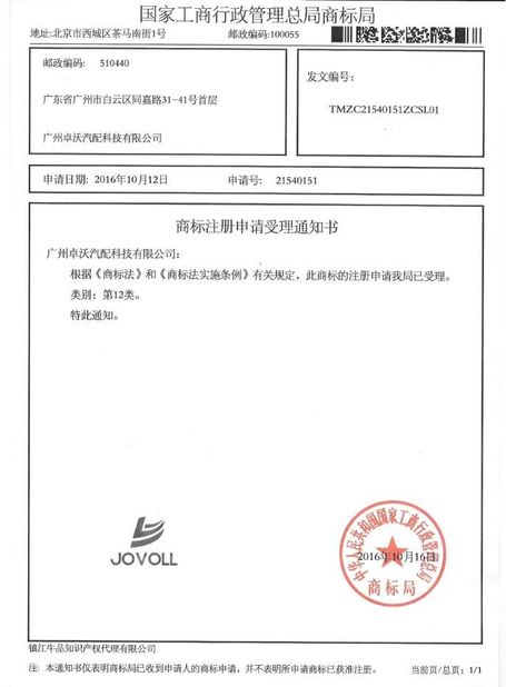 China Guangzhou Jovoll Auto Parts Technology Co., Ltd. Certification